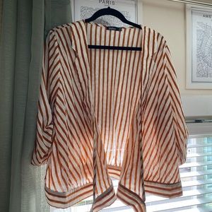 Tan & White Wrap Tie Blouse